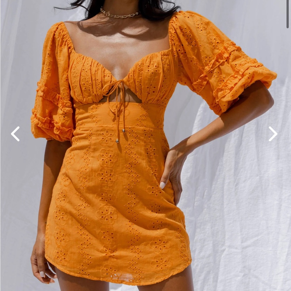 PUFF SLEEVE EYELET MINI DRESS